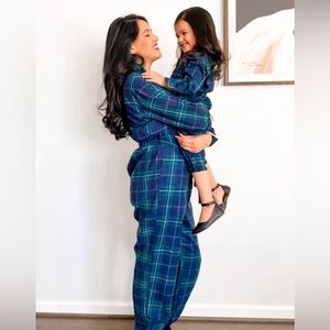 Dark green plaid lapel button down belted matching jumpsuits